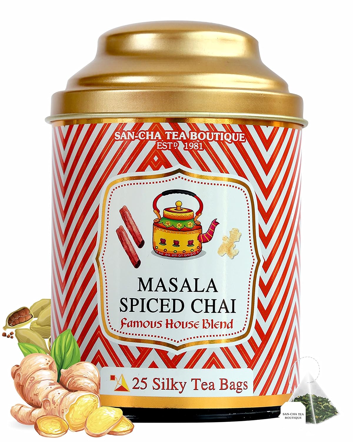 San-Cha Tea Boutique Masala Spiced Chai - 100gm, 3.5 Ounce | Original Masala Blend With Ginger, Cardamom & Cinnamon - Premium Assam Tea Blend | Medium Caffeine Loose Leaves