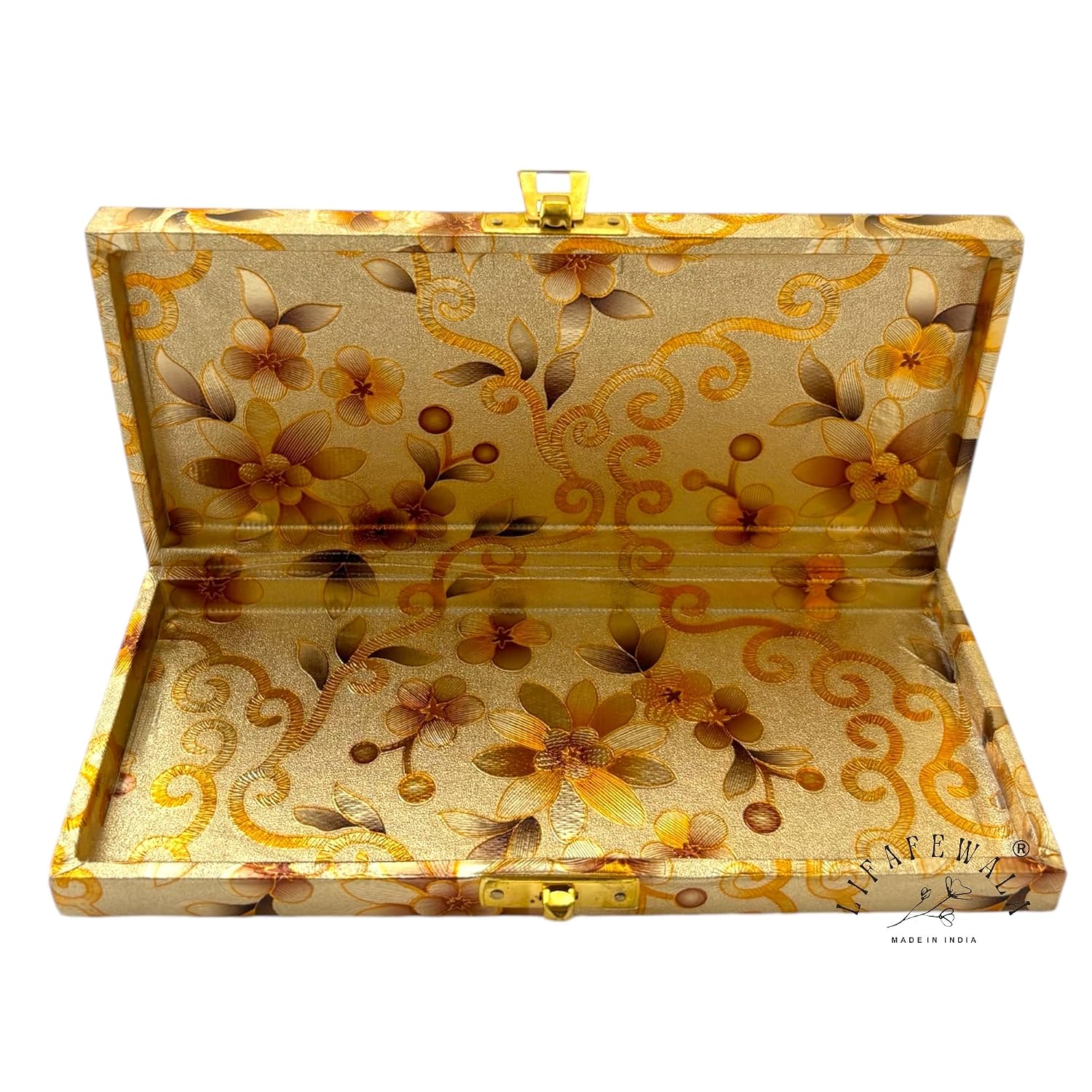 Rectangular Shaped Floral Design Cash Box, Shagun Box, Gift Box, Gaddi Box, Jewellery Box, Shagun Envelope In Floral Design, Colour - Golden