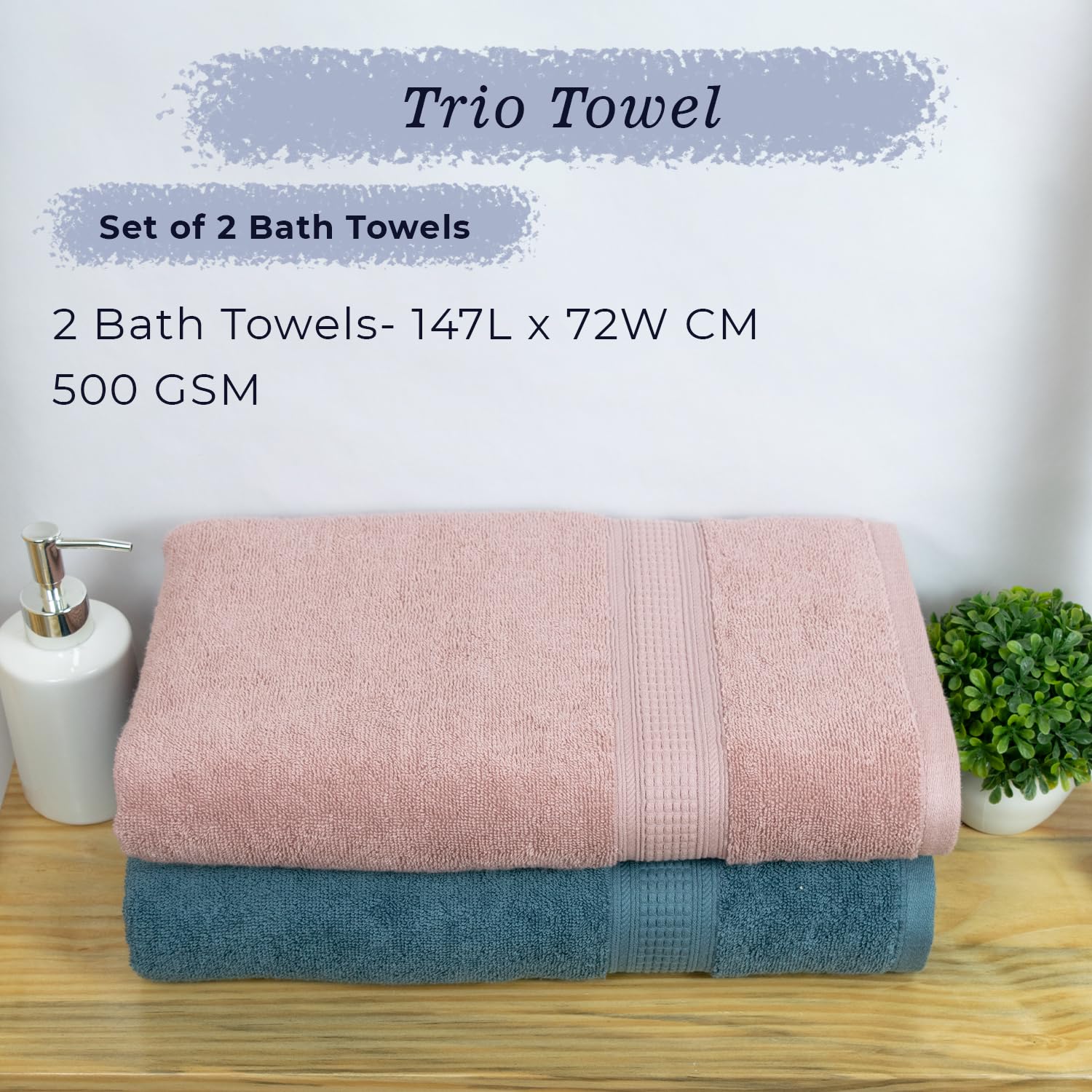 Rangoli 100% Cotton Fibre Bath Towel 1000 Gsm | Highly Durable & Super Absorbent Towel | Skin-Friendly & Quick Drying Luxury Towels (Peach & Blue) - Pack Of 2