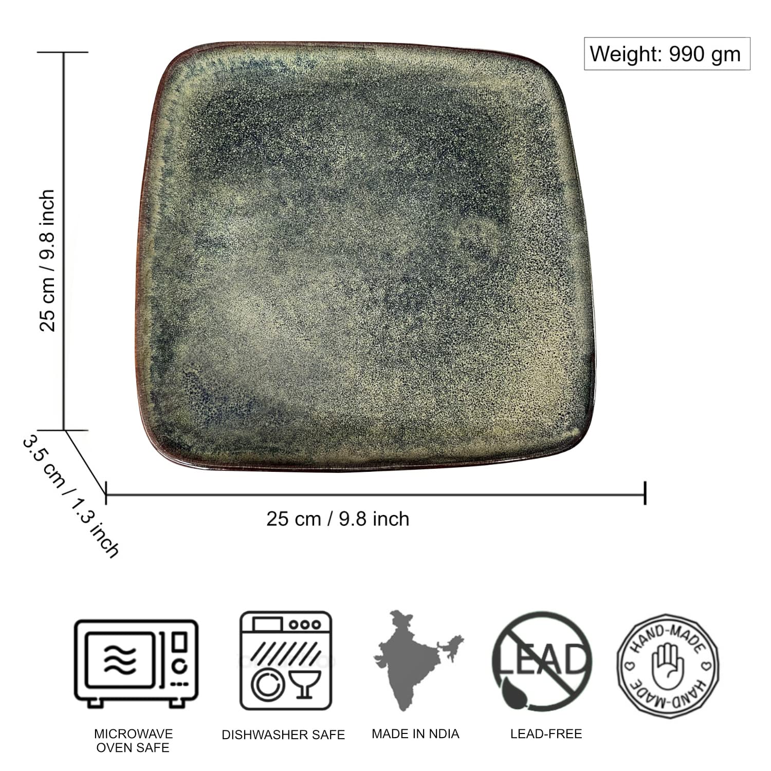 Studio Pottery Ceramic Square Serving Platter - Brown, L X B - 25 Cm X 25 Cm | Starter Serving Tray - Brown Symphony Collection