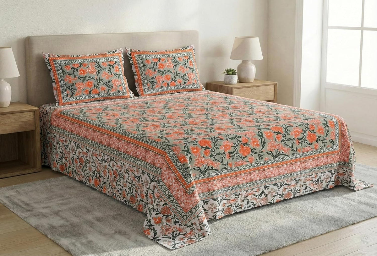 Hand Printed Cotton Bedsheet For King Size With 2 Pillow Covers | 90 X 108 Inches, Mustard | Ultra-Soft & Skin-Safe | Breathable Summer Comfort