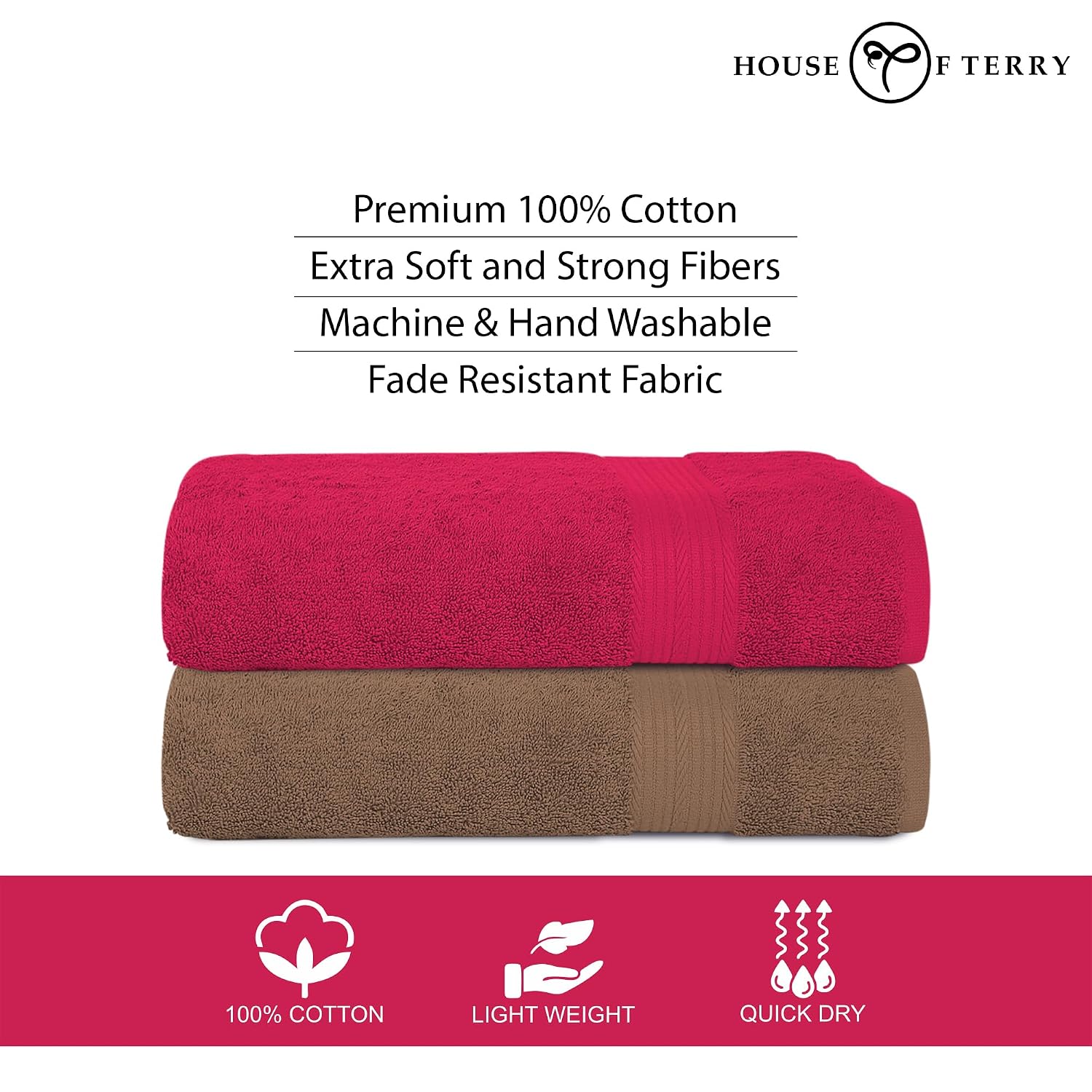 House Of Terry 100% Cotton Bath Towel 1000 Gsm | Quick Dry, Soft & Absorbent, Fade-Resistant, Skin-Friendly Large Size Towel (Paradise Pink & Brown) - Pack Of 2