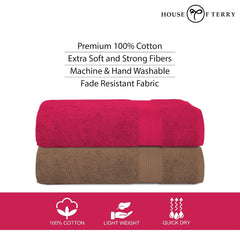 House Of Terry 100% Cotton Bath Towel 1000 Gsm | Quick Dry, Soft & Absorbent, Fade-Resistant, Skin-Friendly Large Size Towel (Paradise Pink & Brown) - Pack Of 2