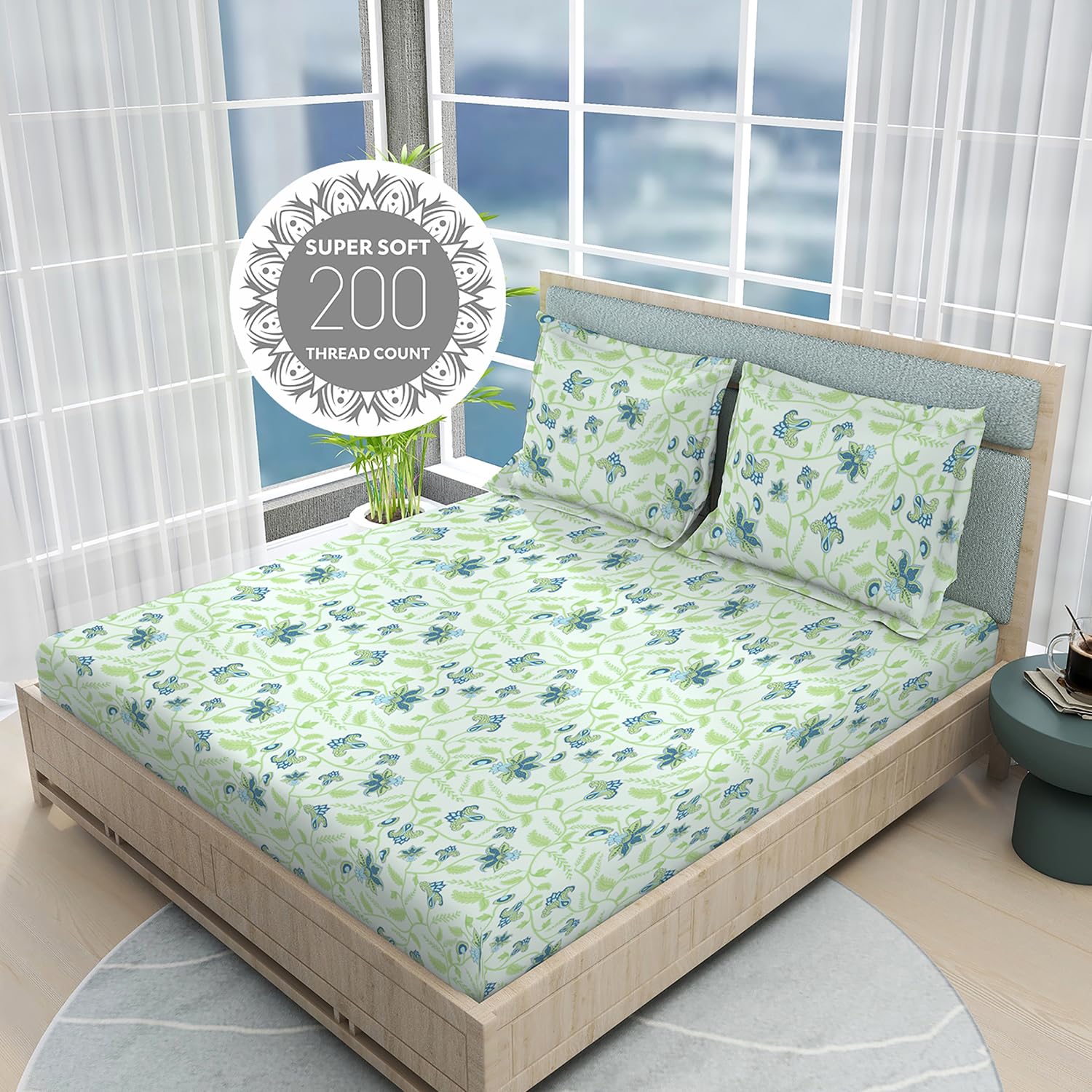 Cotton Bedsheet For King Size With Pillow Cover Set - 108x108 Inches, Green | Breathable & Light Weight, All Season Comfort-Ideal For Daily Use & Gifting Bedsheet