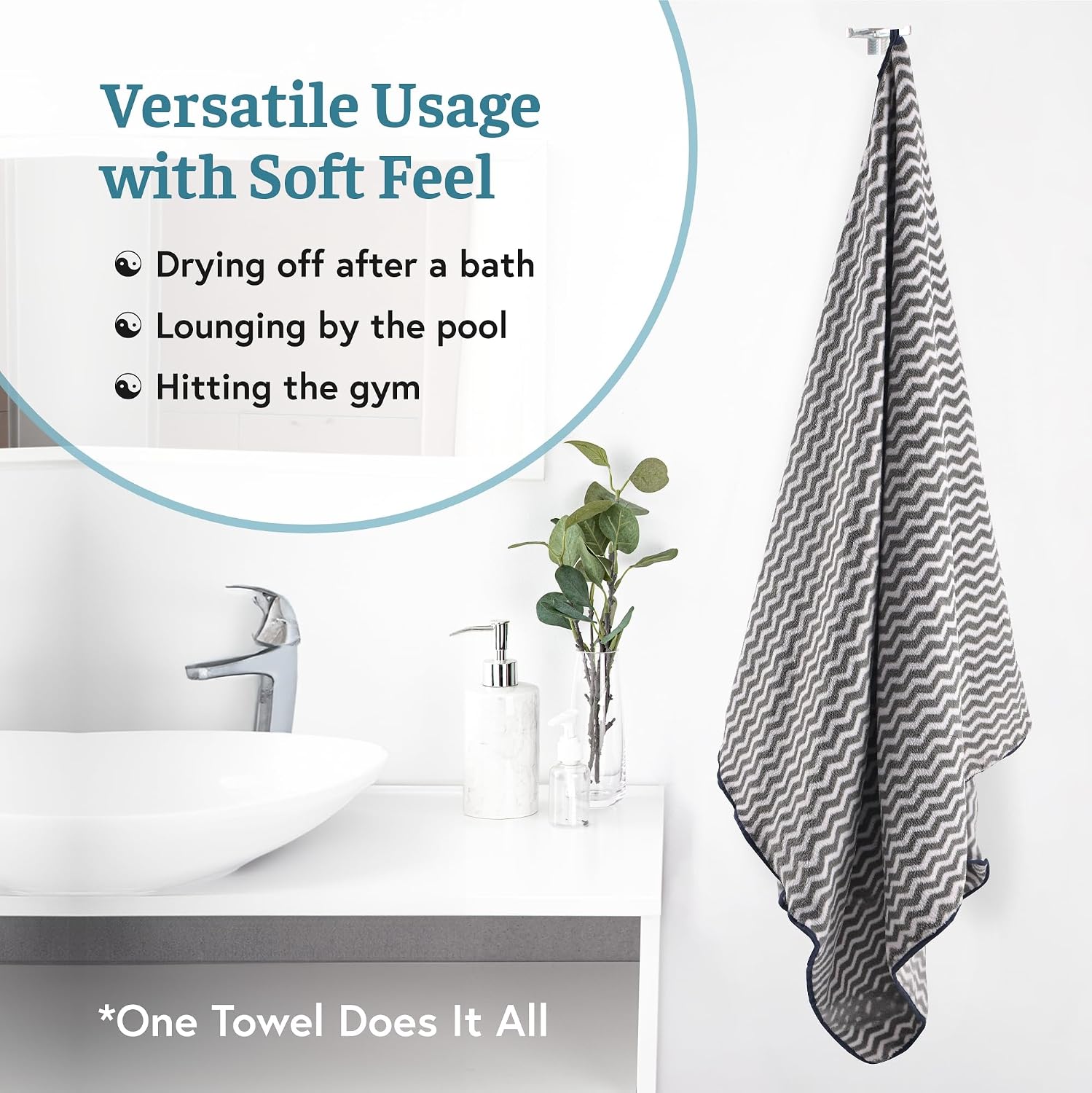 Kuber Industries Microfiber Bath Towel 700 Gsm | Large Size Soft Quick Dry & Absorbent Shower Bath Towel (Zig Zag - Grey)- Pack Of 2