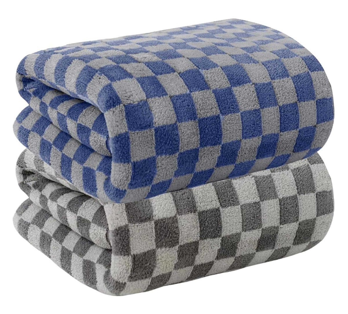 Maxoshine Microfiber Bath-Checkered Towels 350 Gsm | Bath Towel For Men & Women-Soft Coral Fleece Towel With Hook Quick Dry Super Absorbent | Pack Of 2 (Grey & Dark Blue)