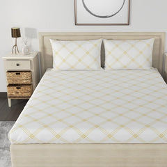 Cotton 210 TC Premium Queen Size For Bedsheet With 2 Pillow Covers - 88 X 100 Inches, White (Yellow Pattern) | All Weather Comfort & Bedroom - Softness & Natural Breathability