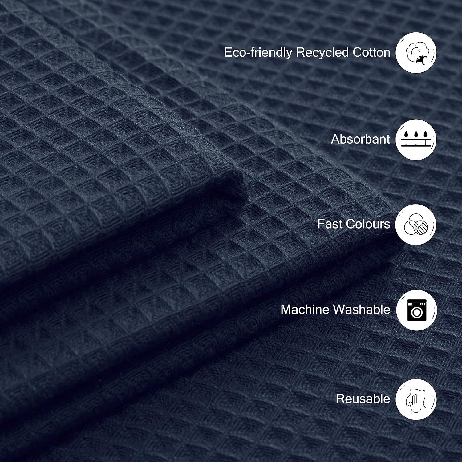 Encasa Xo Kitchen Dish Towels Set 380 Gsm | Waffle Weave & Flat Hand Tea Towel | Quick Drying Reusable Cotton Washcloths | Set Of 12 (Navy Blue)