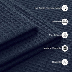 Encasa Xo Kitchen Dish Towels Set 380 Gsm | Waffle Weave & Flat Hand Tea Towel | Quick Drying Reusable Cotton Washcloths | Set Of 12 (Navy Blue)