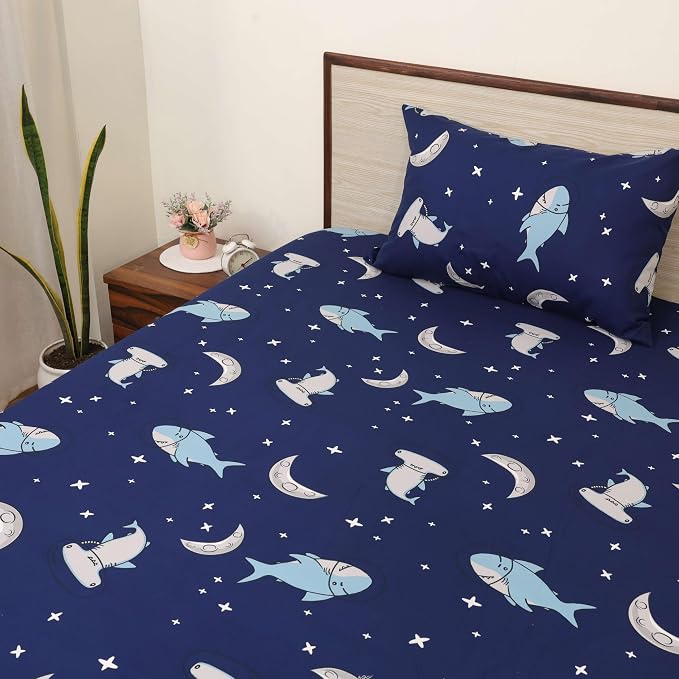 Kids Bed Sheet Collection Fun, Colorful & Comfortable Bedding For Boys & Girls - 108x108 Inches, Blue | Wrinkle-Free, Soft & Cozy – Moonlit Sharks Pattern
