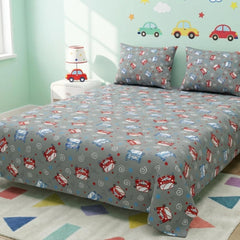 Pure Cotton Kids Bedsheet Double Bed Queen Size With 2 Pillow Covers | 90 X 100 Inches, Grey & Red | Fun Cartoon Theme, Soft & Breathable Fabric