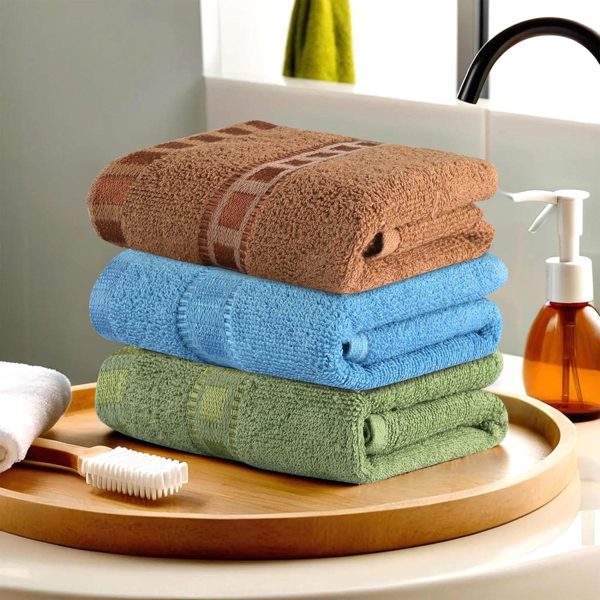 Kuber Industries Pack Of 3 Cotton Hand/Face Towels For Men & Women | Easily Washable | Workout Gym Napkins For Men | Pocket Towel (Green-Sky Blue & Golden)