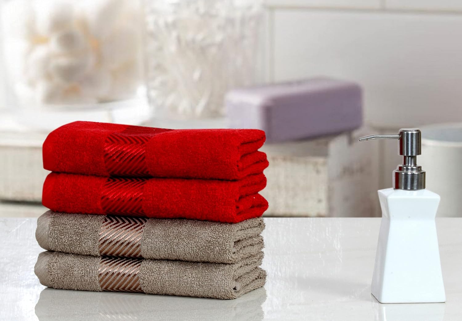 Fash Home International 100% Cotton Ultra Soft & Super Absorbent Antibacterial Hand Towel 500 Gsm (Red & Beige) - Pack Of 4