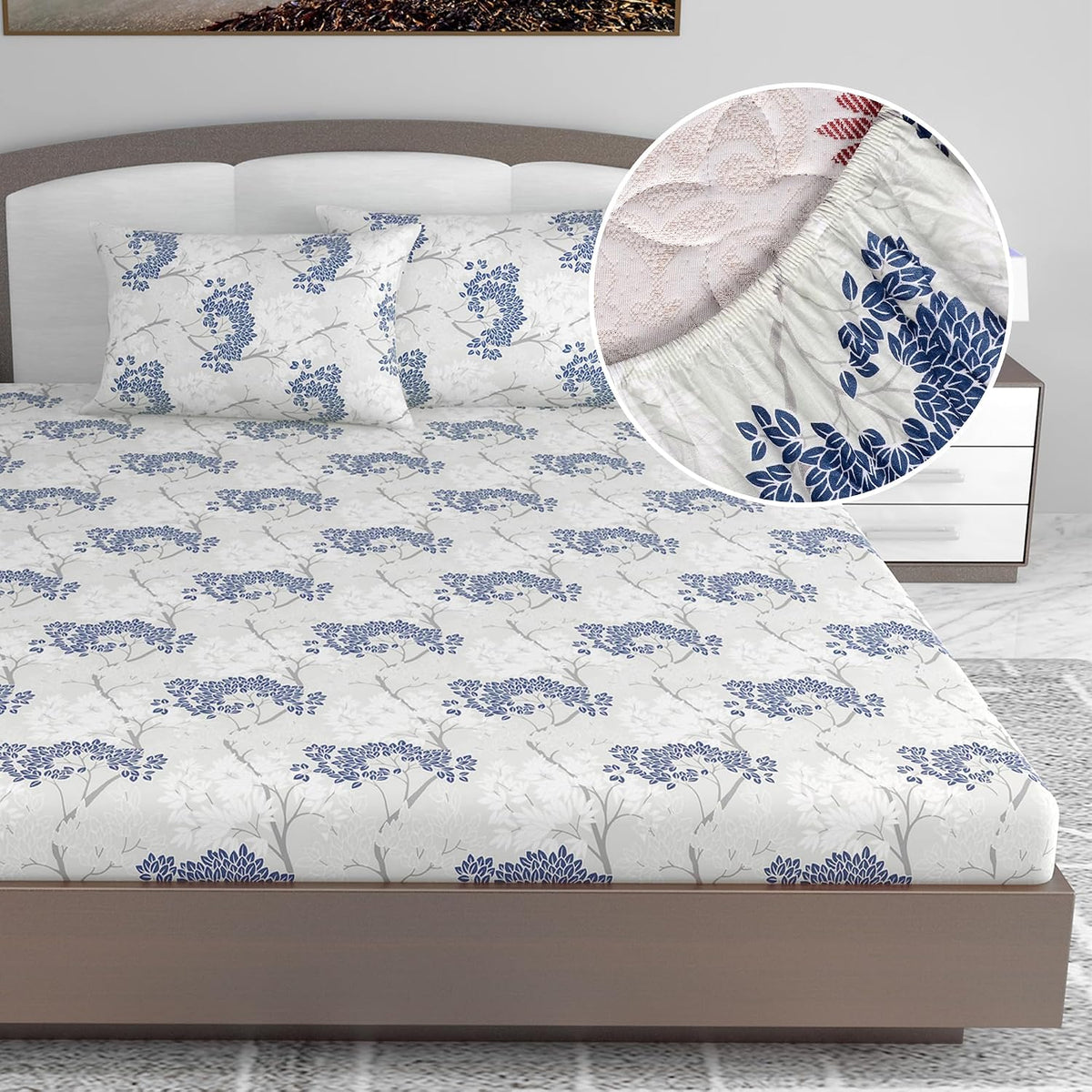 Printed King Size Double Bedsheet With 2 Pillow Cover For Bedroom | 72 X 78 Inches, Grey & Blue - All Around Elastic Fitted | Ideal For Everyday Use