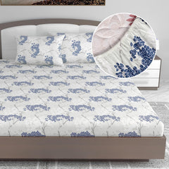 Printed King Size Double Bedsheet With 2 Pillow Cover For Bedroom | 72 X 78 Inches, Grey & Blue - All Around Elastic Fitted | Ideal For Everyday Use
