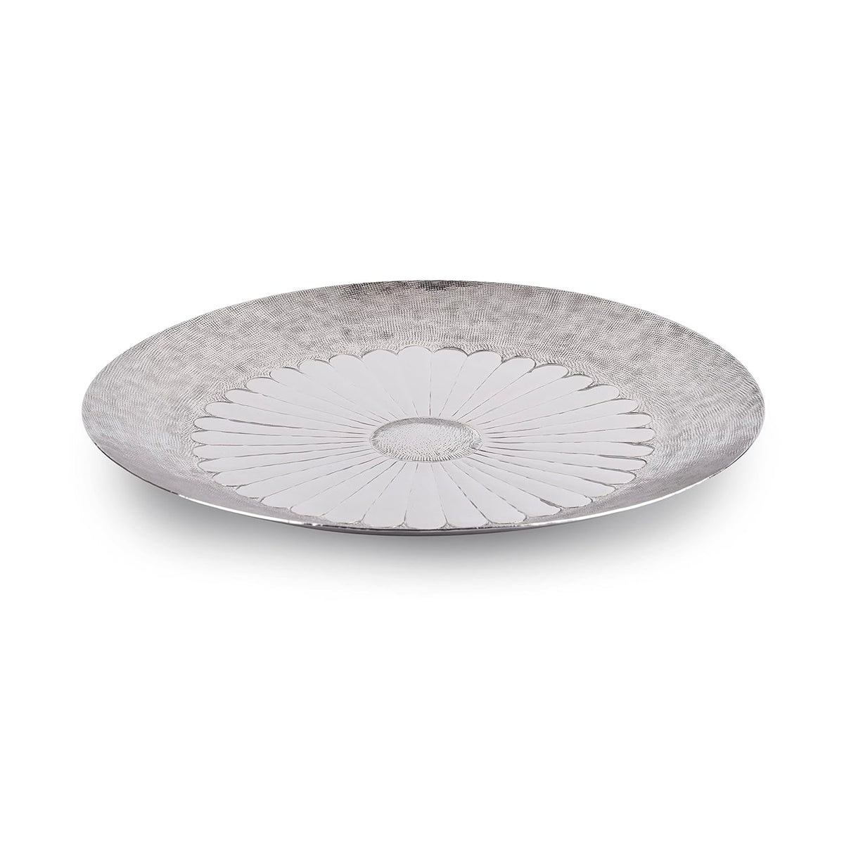 Designer Silver Stainless Steel Round Platters - Hammering Series | Flower Pattern Platters - Serving Tray For Food Dessert Fruit Coffee Tea | Serve Ware, Dinnerware & Tableware