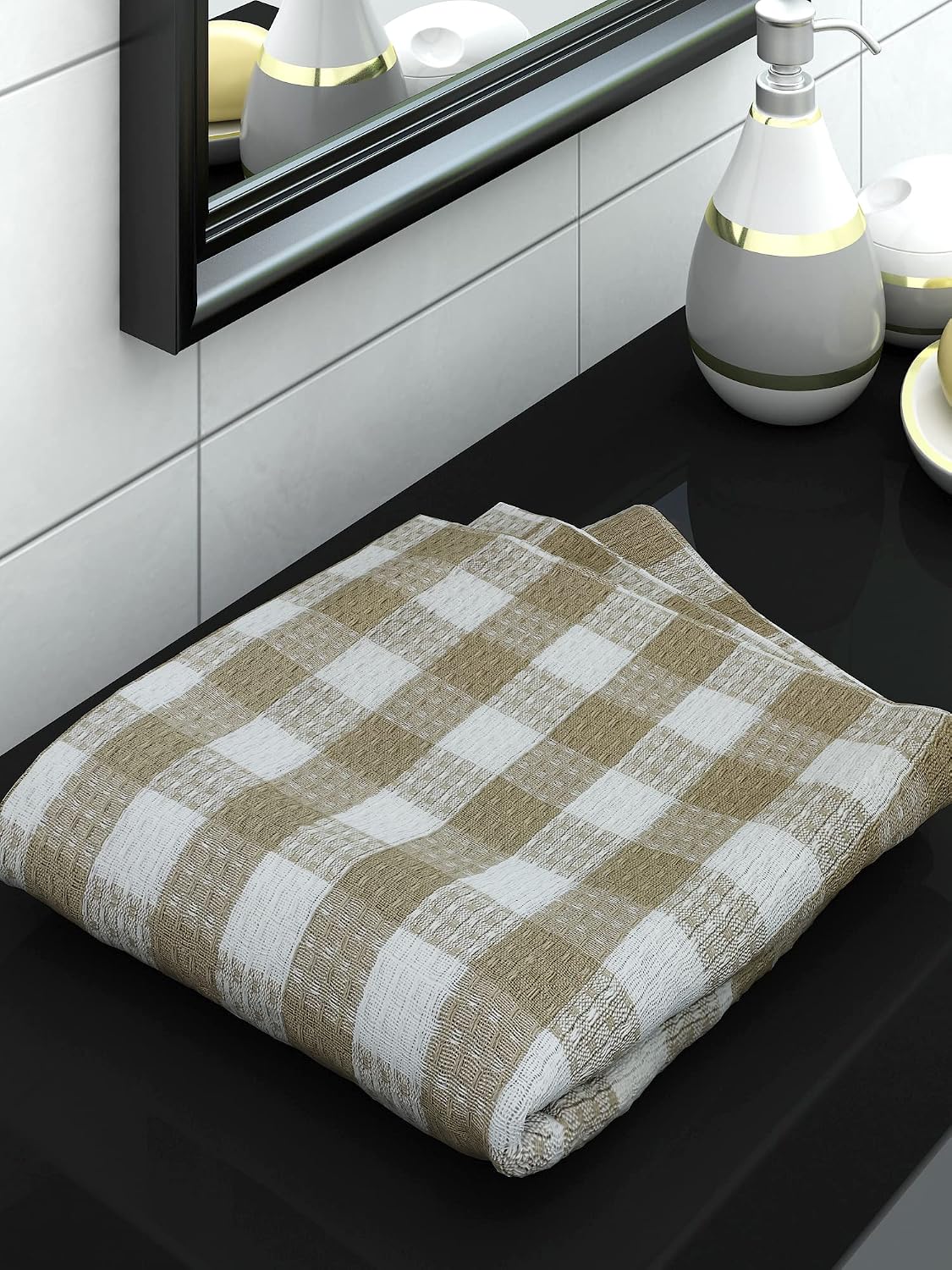 Athom Living Premium Cotton Light Weight Quick-Dry High Absorbent Cotton Bath Towel 250 Gsm, (Beige Checks)