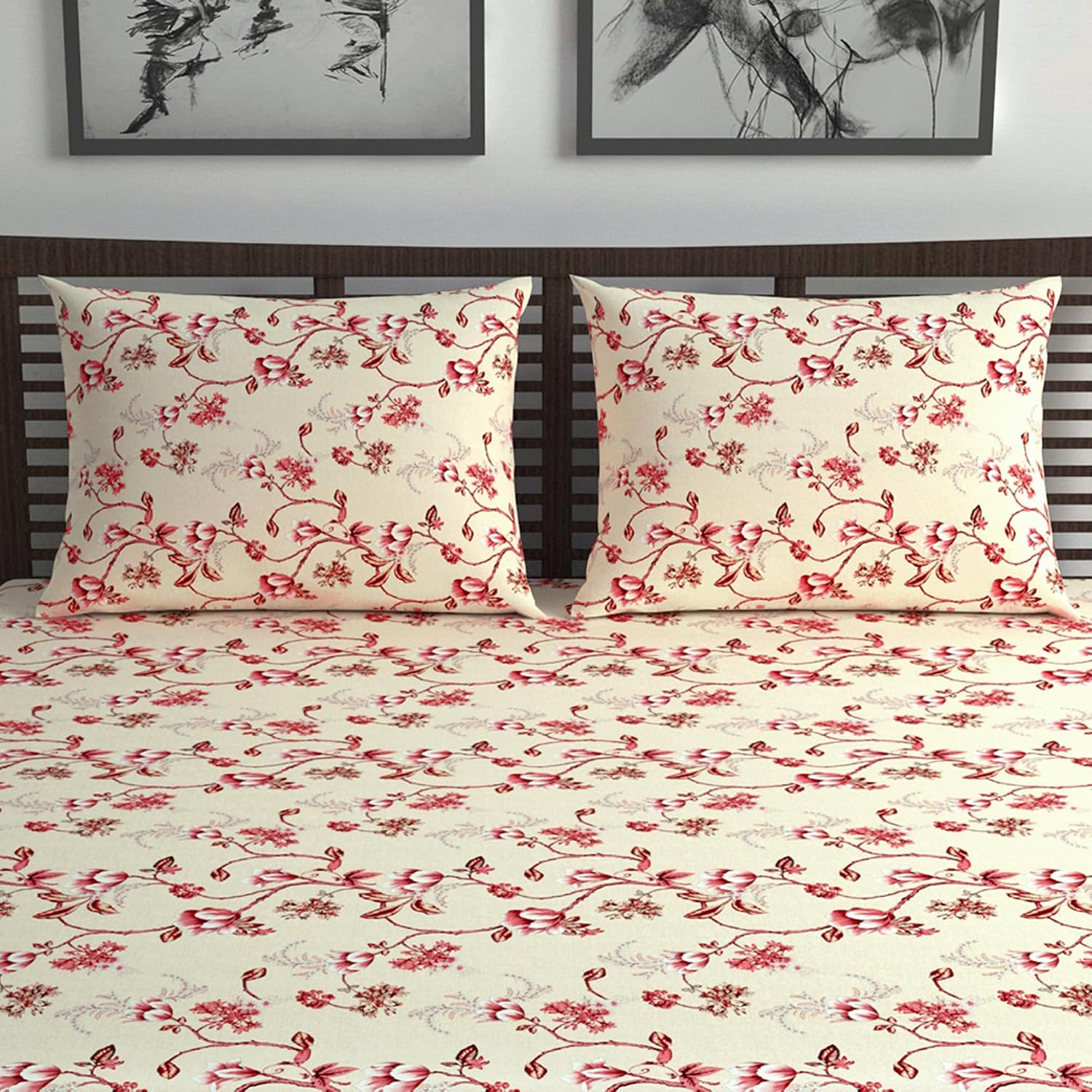 Soft Cotton Double Bedsheet With 2 Pillow Covers | 87 X 100 Inches, Cream & Red - Soft & Breathable Fabric | Comfortable For Daily Use
