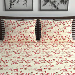 Soft Cotton Double Bedsheet With 2 Pillow Covers | 87 X 100 Inches, Cream & Red - Soft & Breathable Fabric | Comfortable For Daily Use
