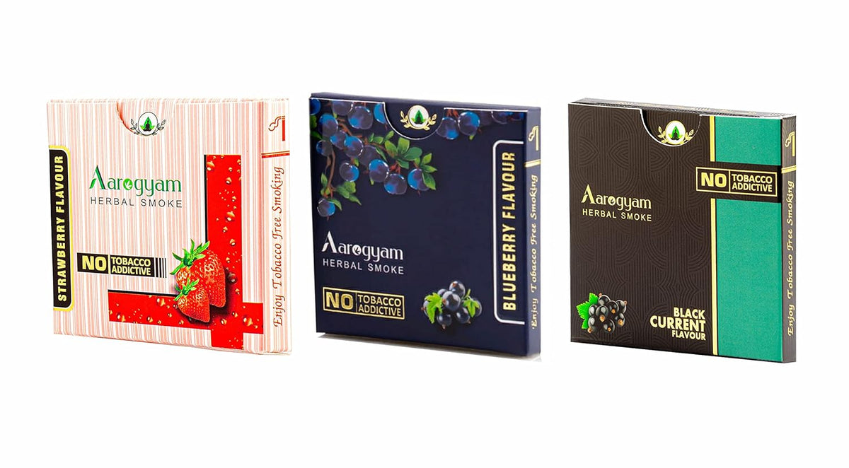 Aarogyam Herbals Tobacco & Nicotine Free Herbal Flavored Cigarette For Relieve Stress And Mood Enhance Product - Blueberry, Black Currant, Strawberry Flavour - Pack Of 3 30 Sticks