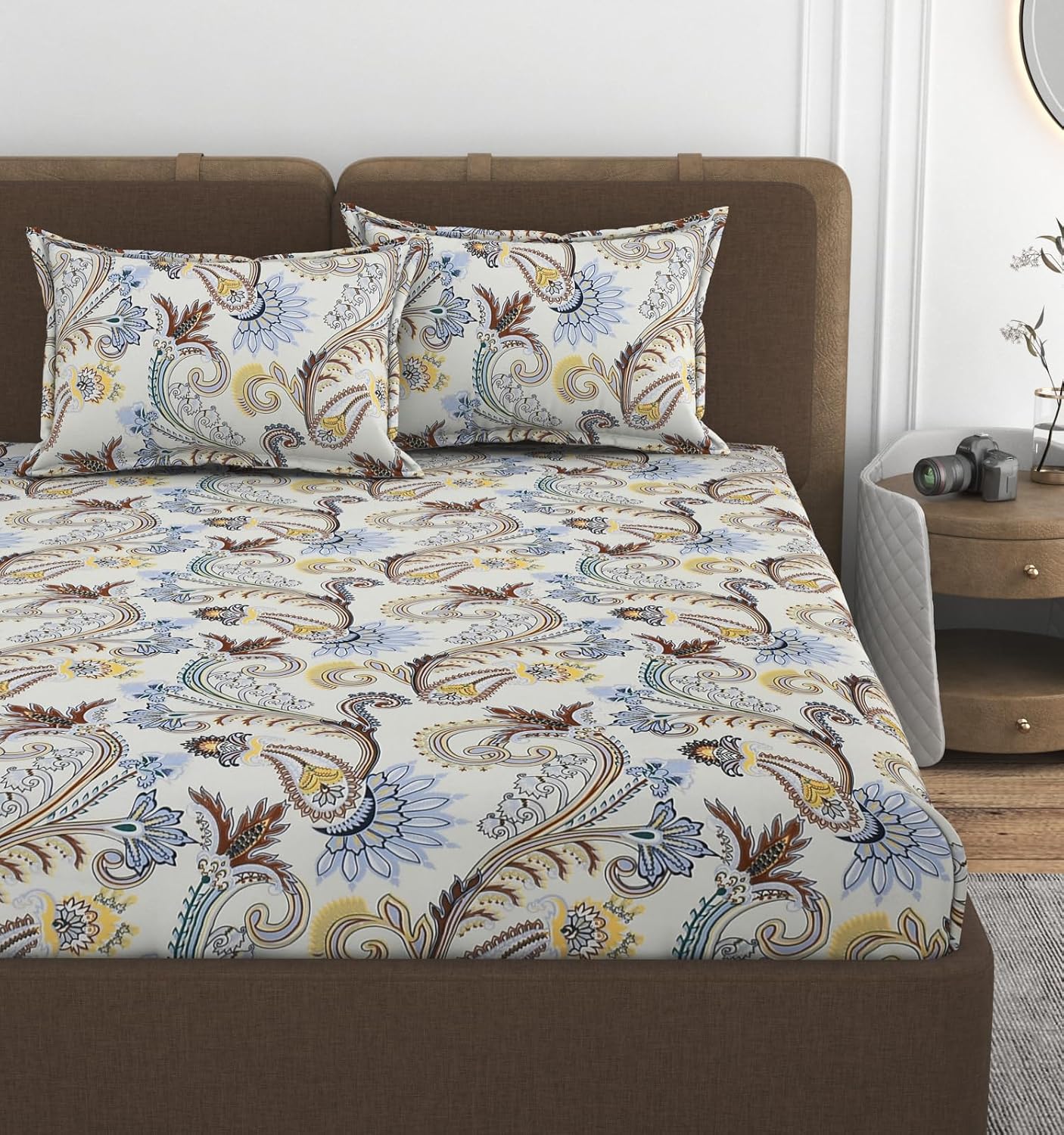 Printed Double Bedsheet With 2 Matching Pillow Covers - 72 X 78 X 10 Inches, Cream | All Around Elastic Fitted King Size Bedsheets | Ideal For Home, Hotel, Bedroom
