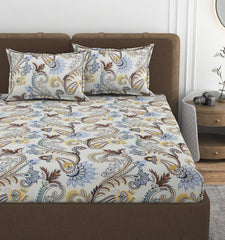 Printed Double Bedsheet With 2 Matching Pillow Covers - 72 X 78 X 10 Inches, Cream | All Around Elastic Fitted King Size Bedsheets | Ideal For Home, Hotel, Bedroom