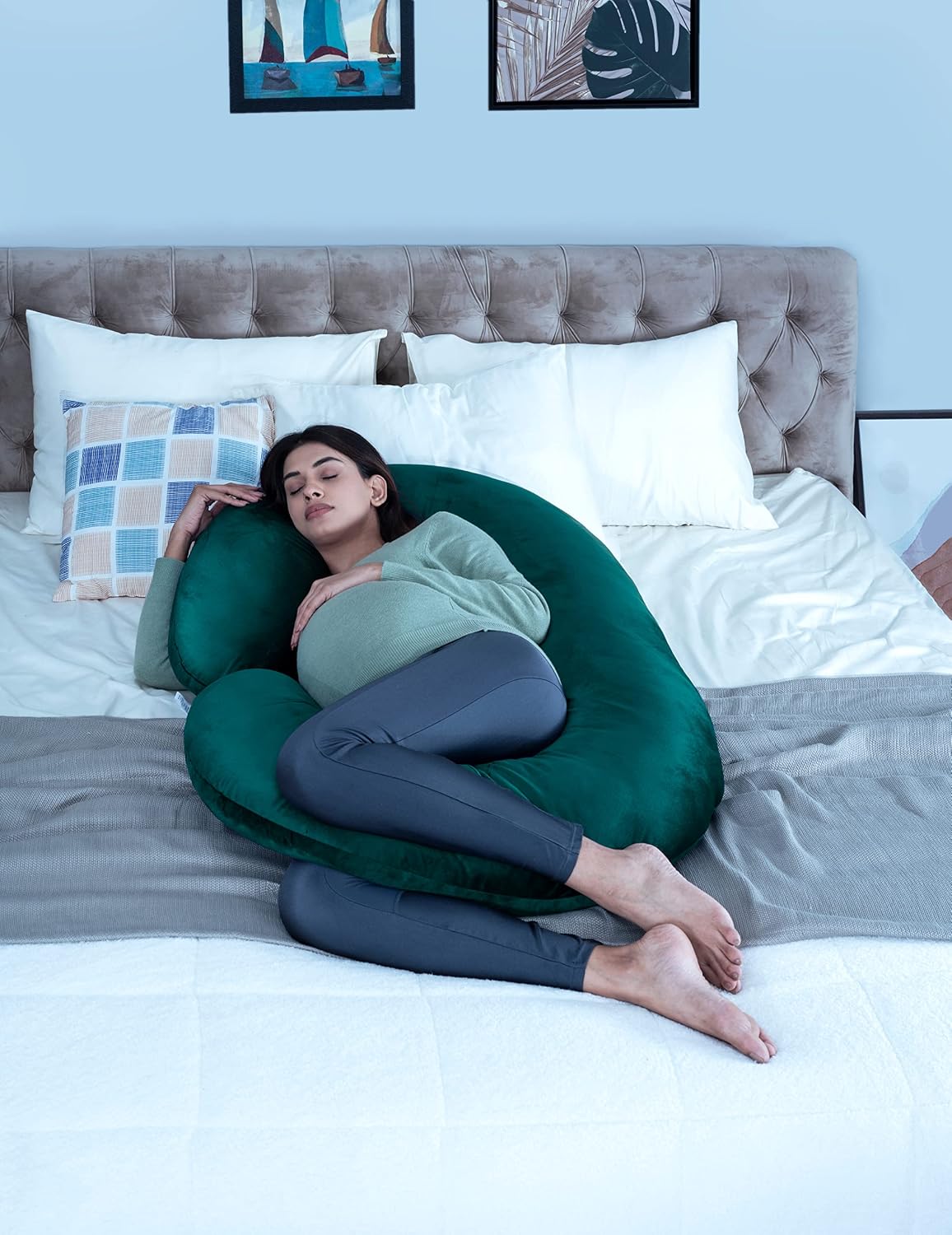 Pregnancy Pillow, C Shaped Pillow, Maternity Pillow For Sleeping - Peacock Green | Pillow For Pregnant Mothers, Pillow For Pregnant Women | Velvet Cover, Full Body Support For Better Sleep
