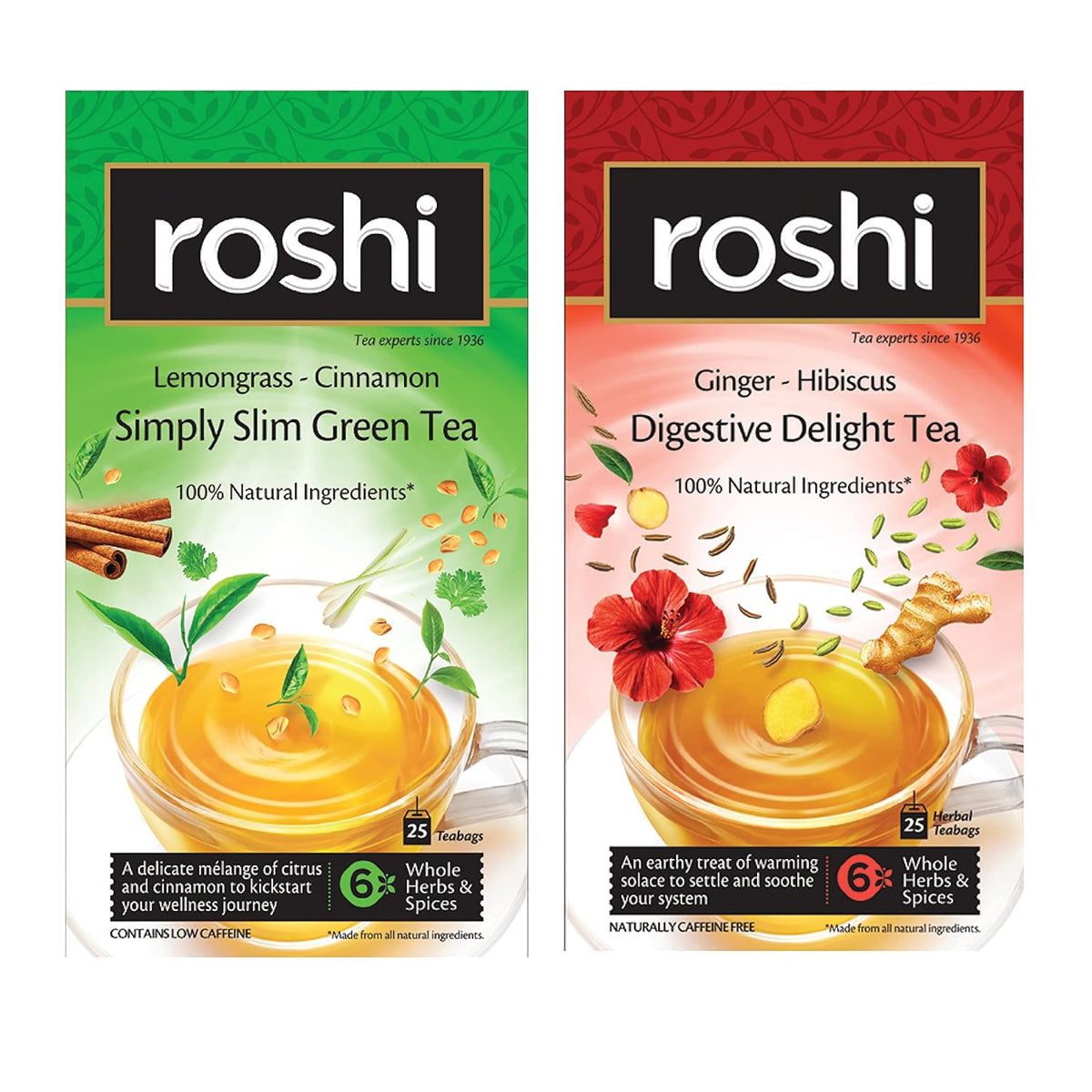 Roshi Lemongrass Cinnamon Simply Slim Green Tea + Ginger Hibiscus Digestive Delight Tea Combo - Pack Of 2 X 25 Tea Bags | 100% Natural Ingredients - Enhances Metabolism & Fitness