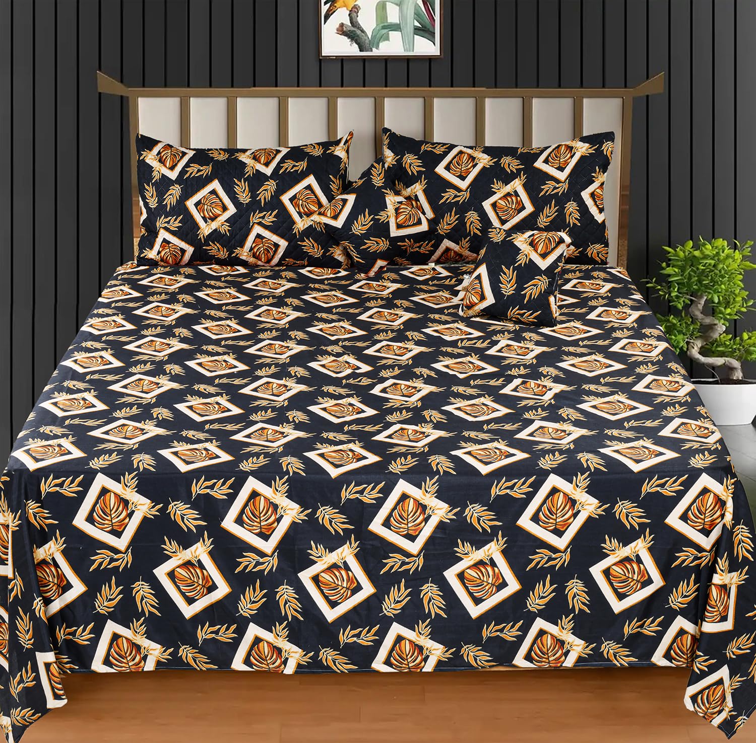 Bedding Set With 1 Pc Bedsheet, 2 Pc Cushion With Zip, 2 Pc Pillow Covers | 90 X 100 Inches, Black & Beige - Soft, Breathable, & Lightweight For All-Season Comfort