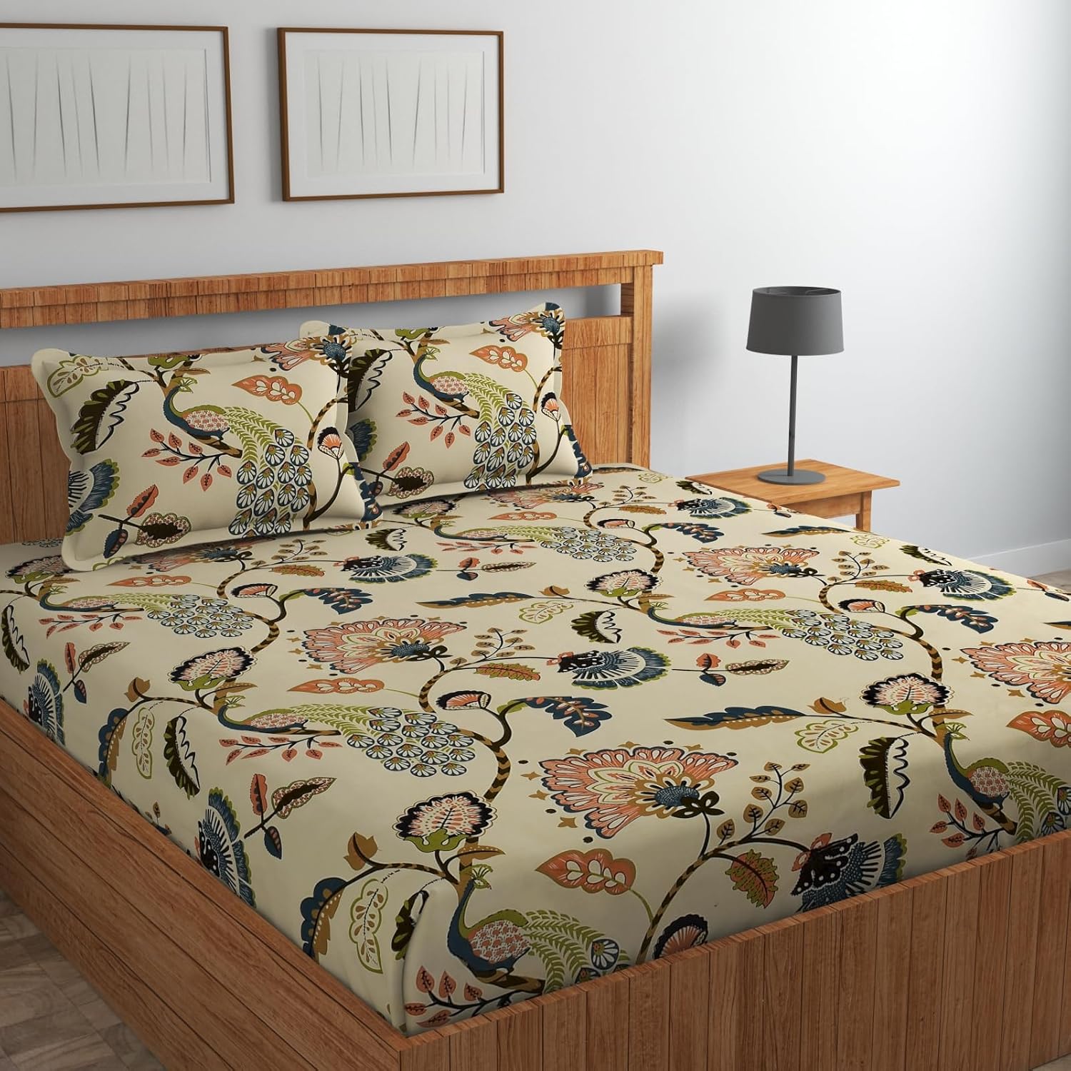 Printed Double Bedsheet With 2 Matching Pillow Covers - 72 X 78 X 10 Inches, Beige | All Around Elastic Fitted King Size Bedsheets | Ideal For Home, Hotel, Bedroom