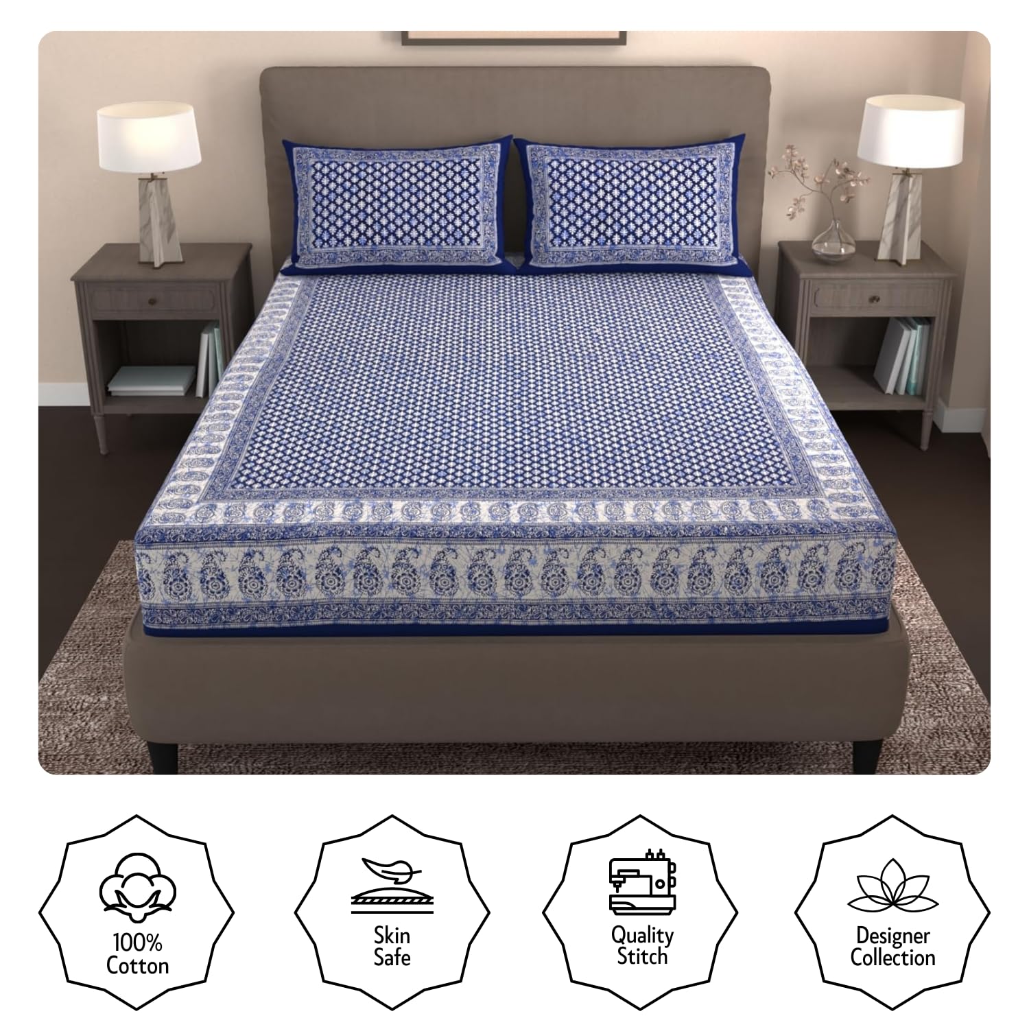 Handloom Printed Double Bedsheet For Queen Size With 2 Matching Pillow Cover | Size 90 X 100 Inches, Blue - Cotton Bedsheets For Double Bed | Soft & Smooth