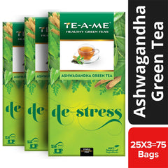 TE-A-ME Ashwagandha De-Stress Green Tea - Pack Of 3 X 25 Tea Bags | Reduces Stress & Anxiety - Goodness Of 10 Natural Ingredients