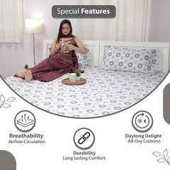 King Size Double Bedsheet With 2 Pillow Covers - 108 X 108 Inches, White & Blue | Soft & Durable For Everyday Use - All Season Comfort