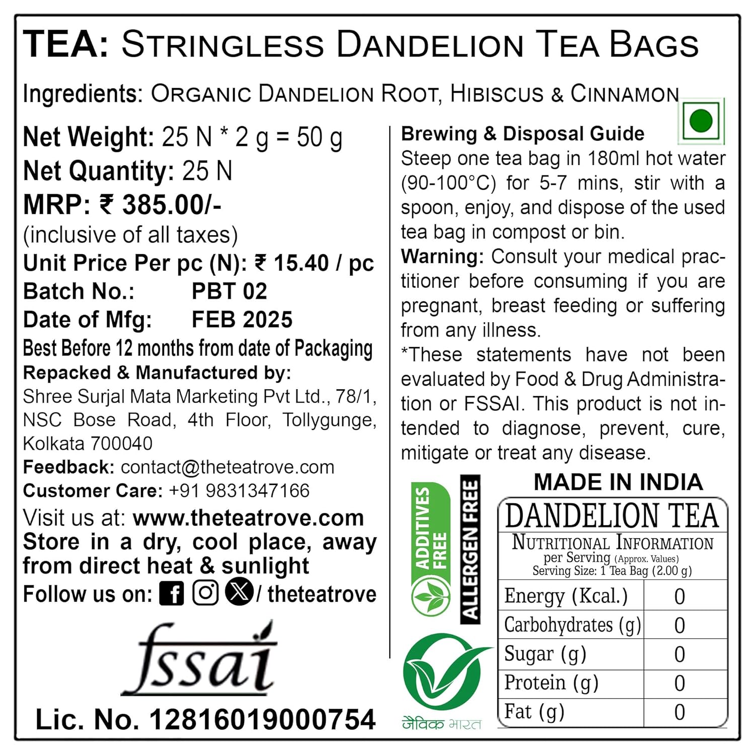 The Tea Trove Organic Dandelion Root Herbal Tea Bags In Resealable Pouch - 25 Unwrapped Tea Bags | Caffeine Free Digestive Tea, Detox Tea - Steep Hot Or Iced