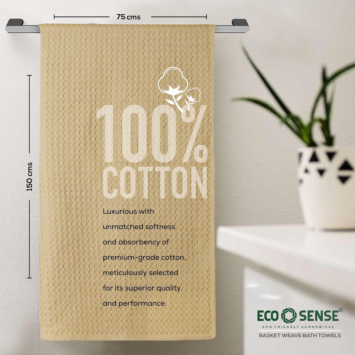 Eco Sense Basket Weave 100% Cotton Luxuriosly Bath Towels 1050 Gsm | Soft, Super Absorbent, Large Size Quick Dry Bath Towel - Sandal (Pack Of 3)