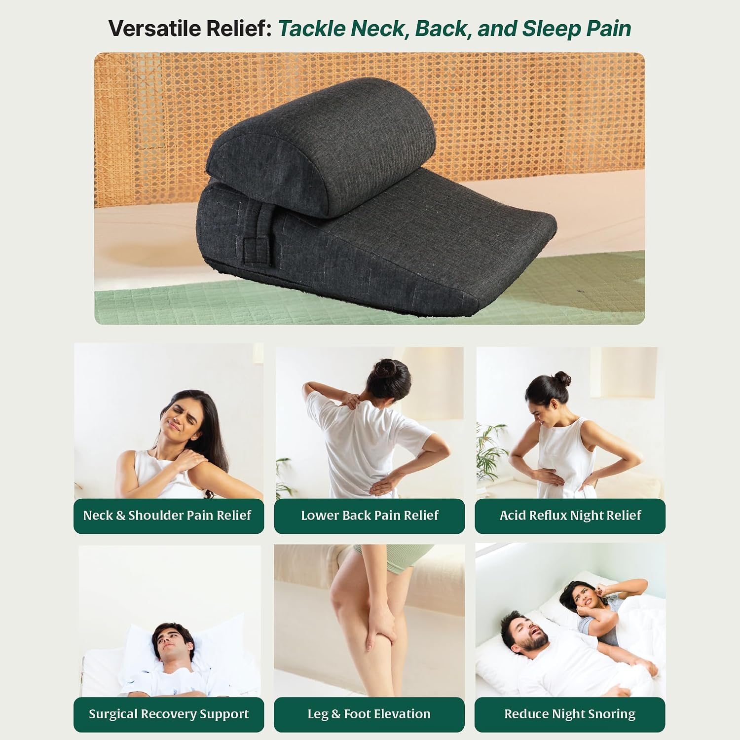 Wedge Cushion, Wedge Pillow For Bed & Back Support, Grey, Standard Size - 18 L X 18 W X 7 H Inch | For Pain Relief - Wedge Pillow With Headrest, For Leg Elevation, Acid Reflux, Washable Cover