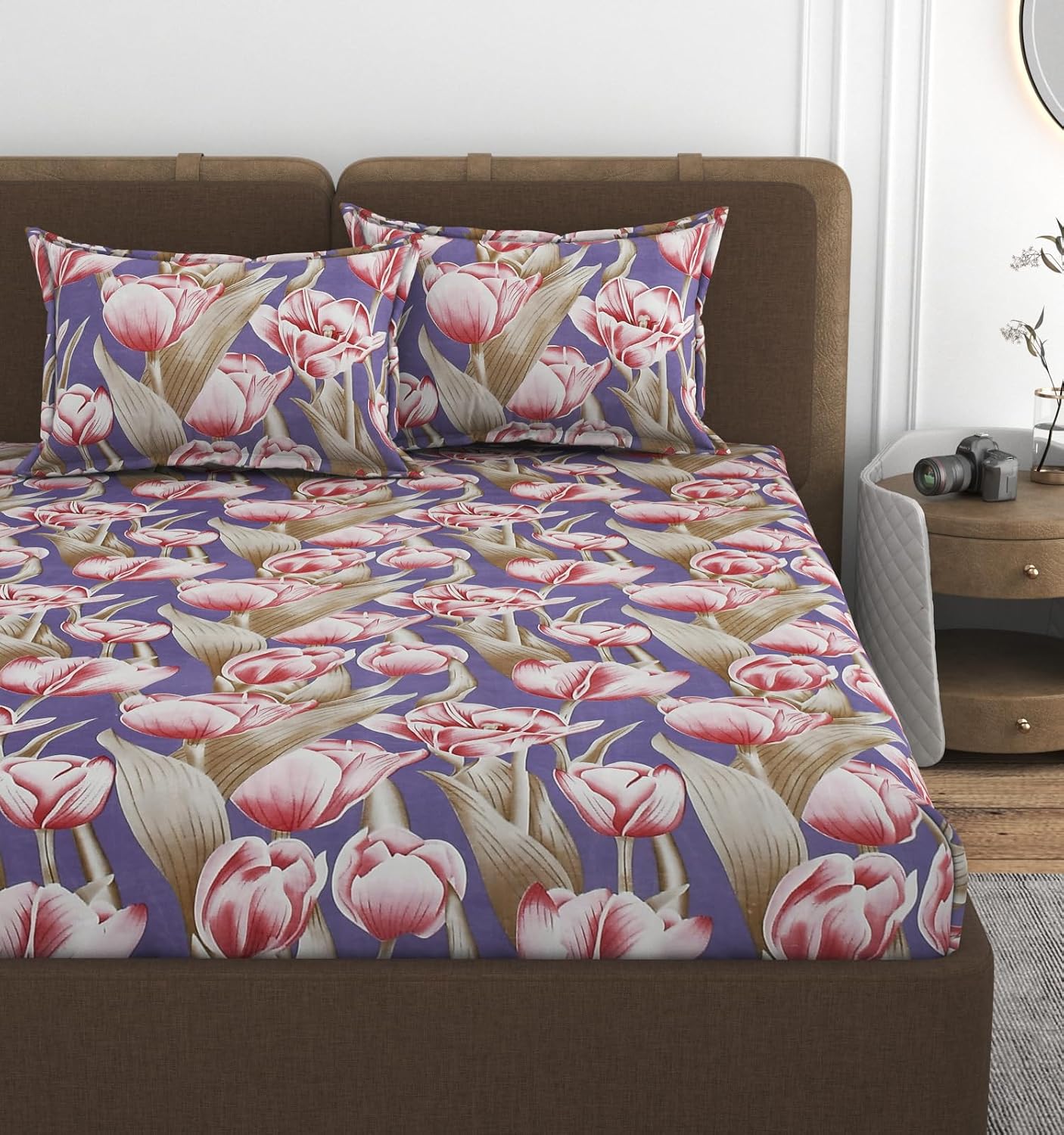 Double Bedsheet With 2 Pillow Covers Size 72 X 72 X 10 Inches, Purple | Cotton Feel All Around Elastic Fitted - Queen Size Bedsheets, Super Soft