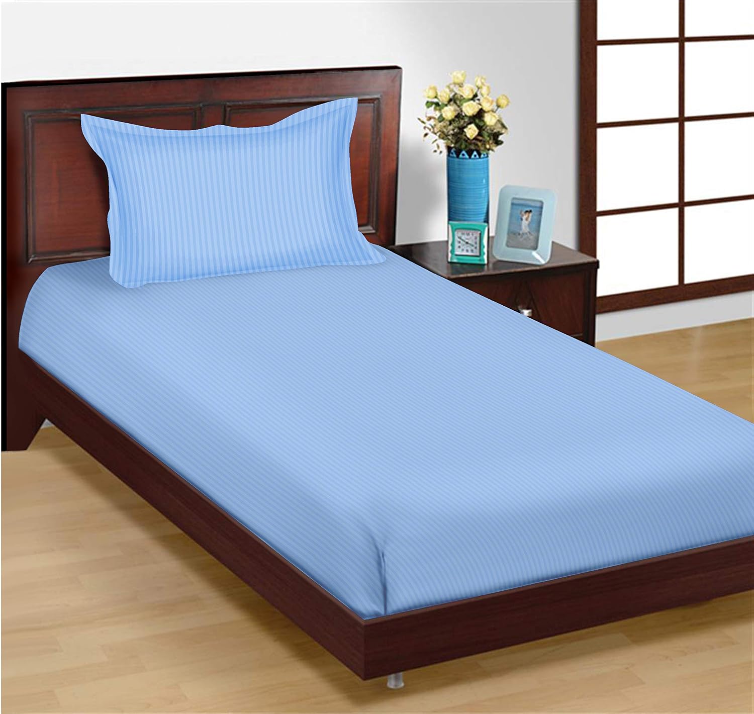 Elastic Fitted Cotton Single Bedsheet With One Matching Pillow Covers - 36 X 78 Inches, Sky Blue | Soft Touch, Comfortable & Breathable