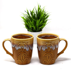 Handcrafted Brown Snow Drip Carved Ceramic Coffee Mug Set Of 2 - 350ml Each | Ceramic Mugs For Coffee, Tea, Milk - Microwave Safe & Leak Proof
