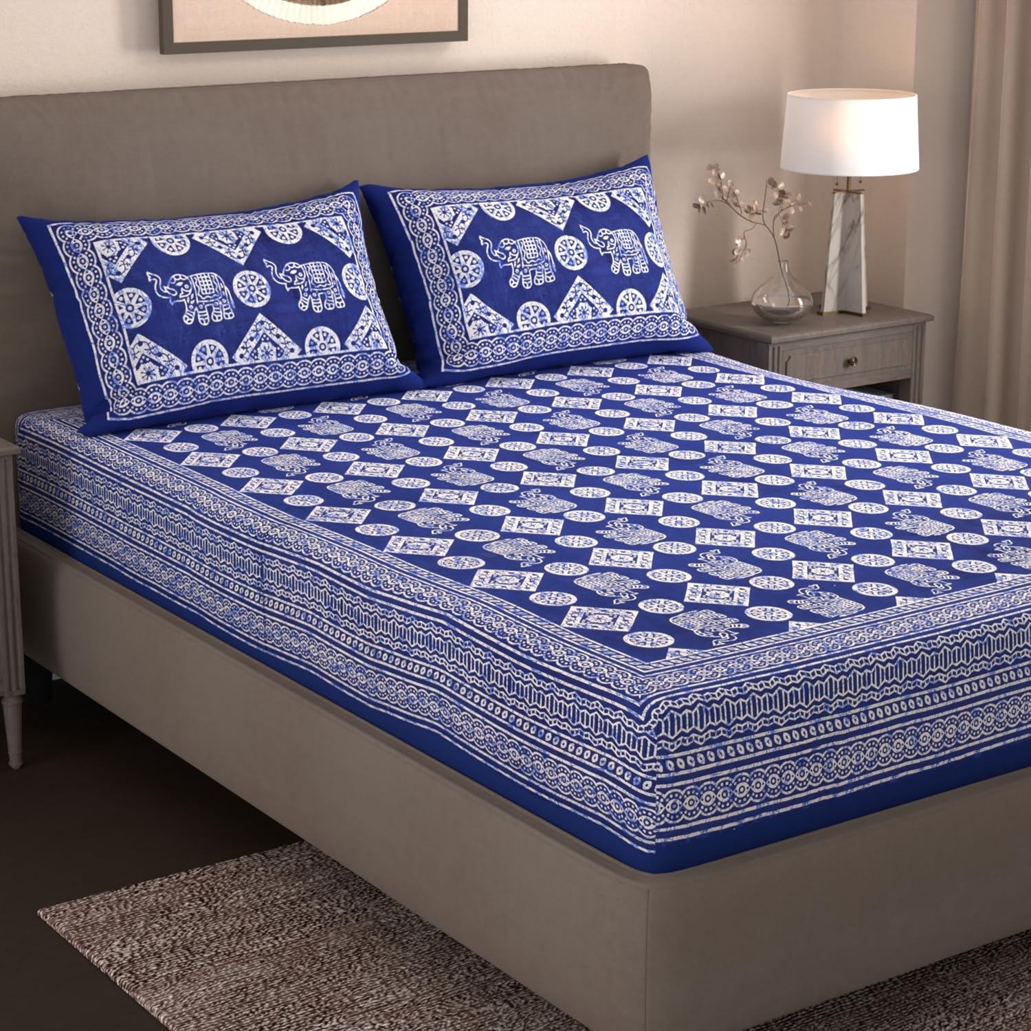 Handloom Printed Double Bedsheet For Queen Size With 2 Matching Pillow Cover | Size 90 X 100 Inches, Blue & White - Cotton Bedsheets For Double Bed | Soft & Smooth
