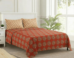 Jaipuri Design Cotton King Size Printed Bedsheet With 2 Pillow Covers - 108 X 108 Inches, Clay Red & Cream | Ideal For Home Use & Perfect For Gifting On Weddings, Housewarmings & Festivals