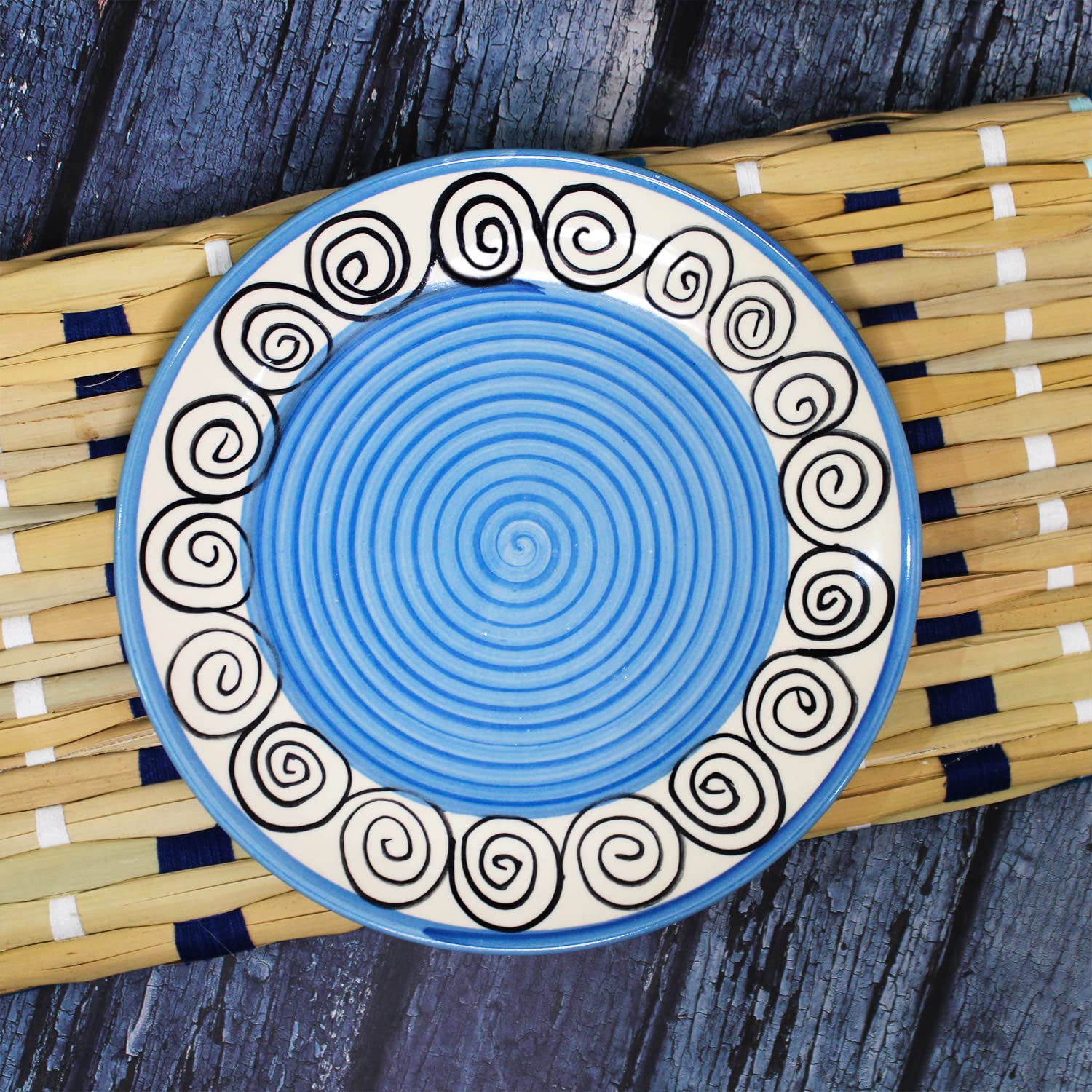Blue Swirl Hand Painted Ceramic Quarter Plates Set Of 2 | Small Side Plates For Dinner & Snacks - 7 Inch, 2 Pieces, Microwave Safe
