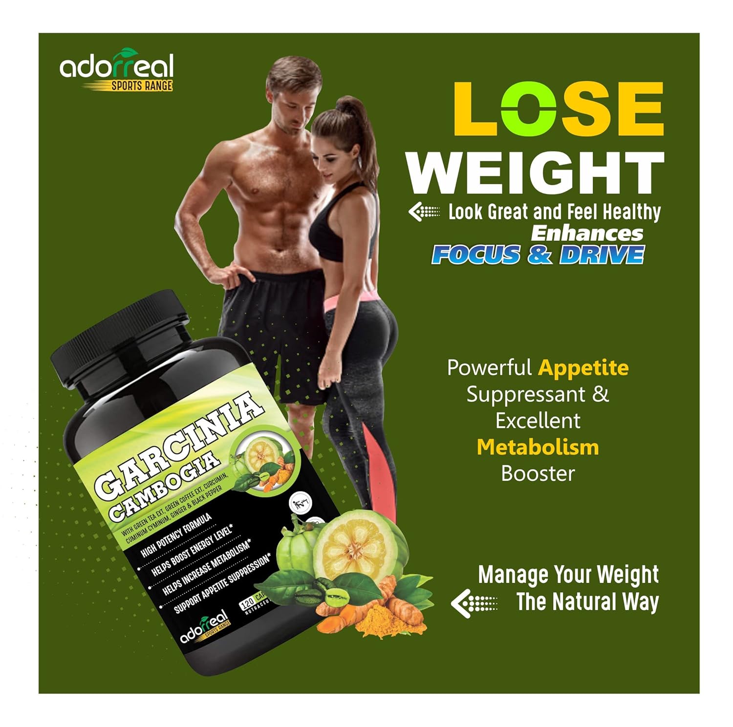 Adorreal Garcinia Cambogia, Green Tea, Green Coffee, Curcumin, Ginger & Black Pepper Extract Weight Loss Supplement, Improves Digestion | 120 Capsules 150gm 0.3lbs