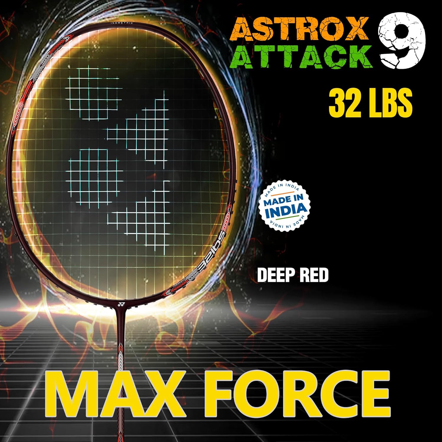 Yonex Badminton Racquet ASTROX ATTACK 9, G4 4U, 80gms - 32lbs, Colour - Black & Red, Grip Size - 4 1/2 Inches, Material - Graphite