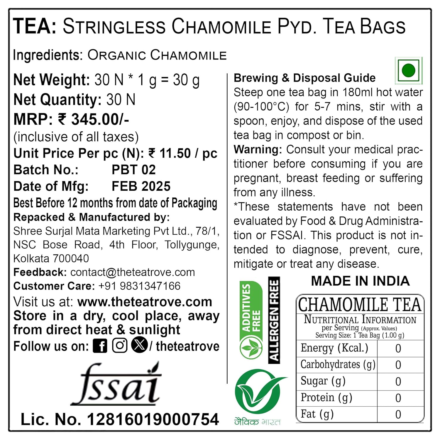 The Tea Trove Organic Chamomile Herbal Tea Bags In Resealable Pouch - 30 Unwrapped Tea Bags | Caffeine Free Chamomile For Sleep & Stress Relief Tea - Steep Hot Or Iced