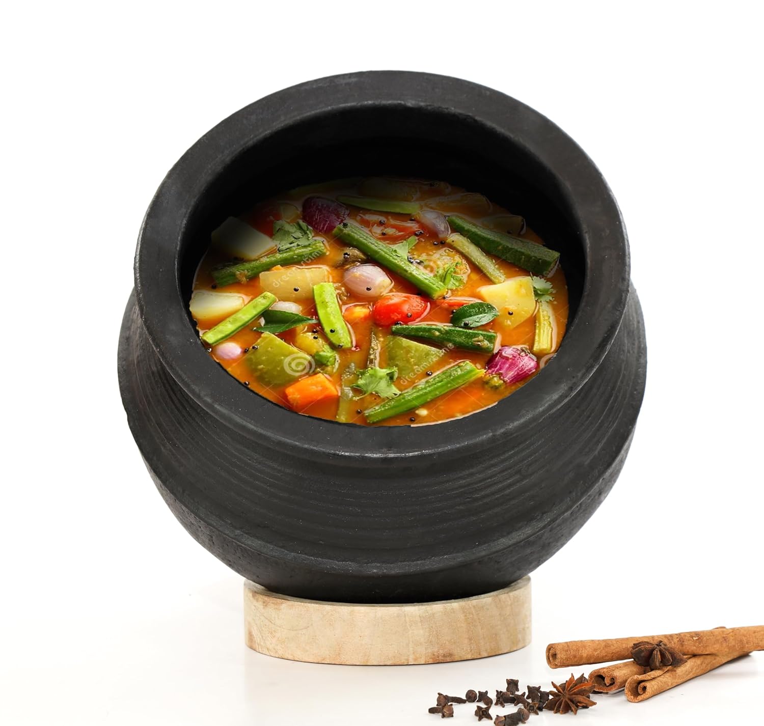 Deep Burned Uncoated Clay Rice Pot With Lid Or Mitti Handi With 2 Wooden Spatulas Complimentary For Cooking & Serving - Black, 2 Liters | Pre-Seasoned Mud Pot - Unglazed, Double Fired, Hand Crafted