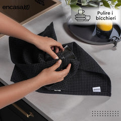 Encasa Xo Kitchen Dish Towels Set 320 Gsm | Waffle Weave & Flat Hand Tea Towel | Quick Drying Reusable Cotton Washcloths | Set Of 4 (Grey Black)