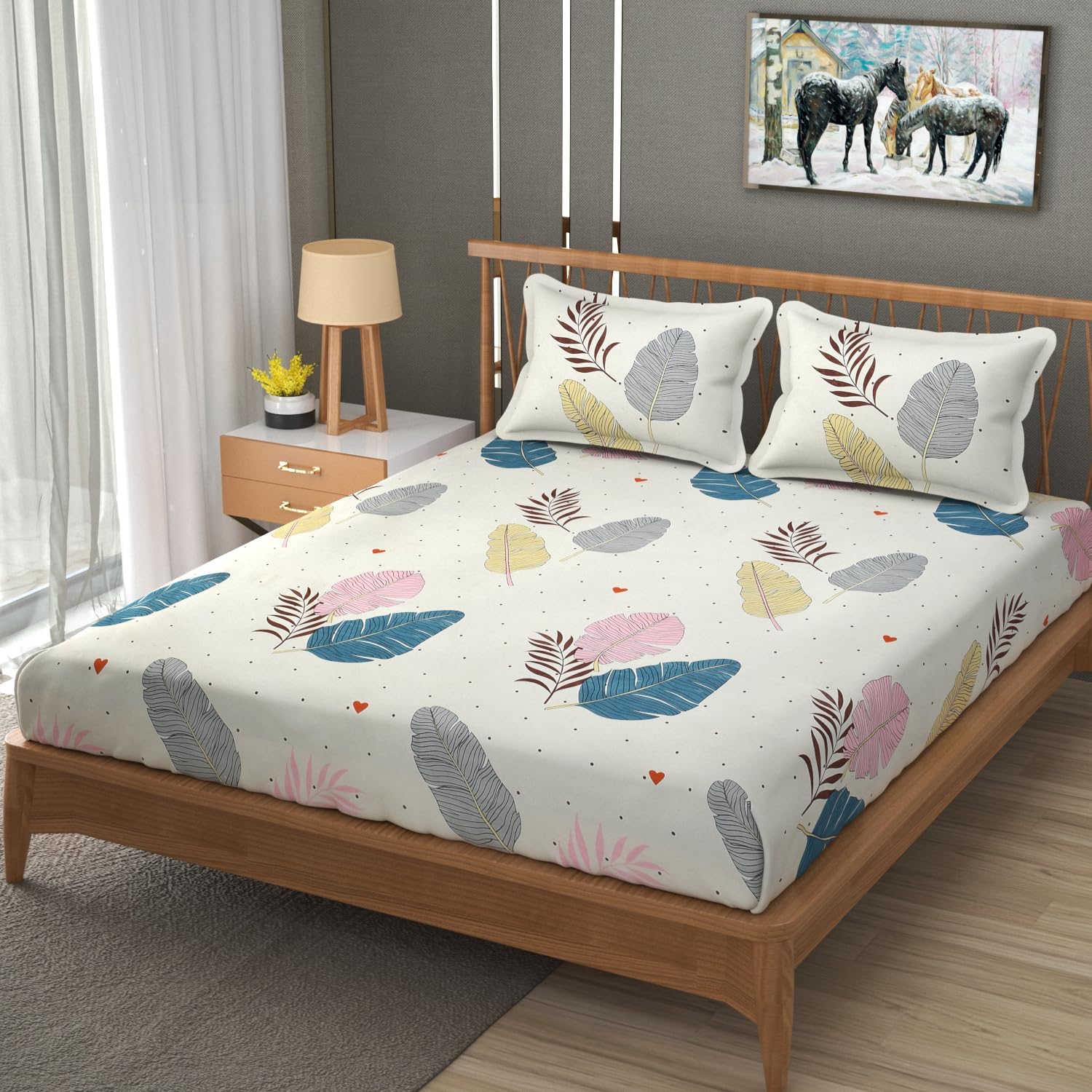 Premium Heavy Cotton Elastic Fitted King Size Bedsheet With 2 Pillow Covers - 72 X 78 X 10 Inches, Cream | All Weather Comfort & Bedroom - Softness & Natural Breathability