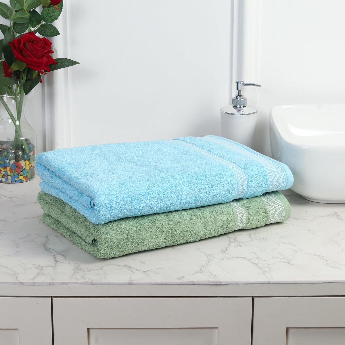 Mafatlal Bath Towels 1100 Gsm | Large Size Towel For Men & Women Daffodil Series (Green & Blue) - Pack Of 2