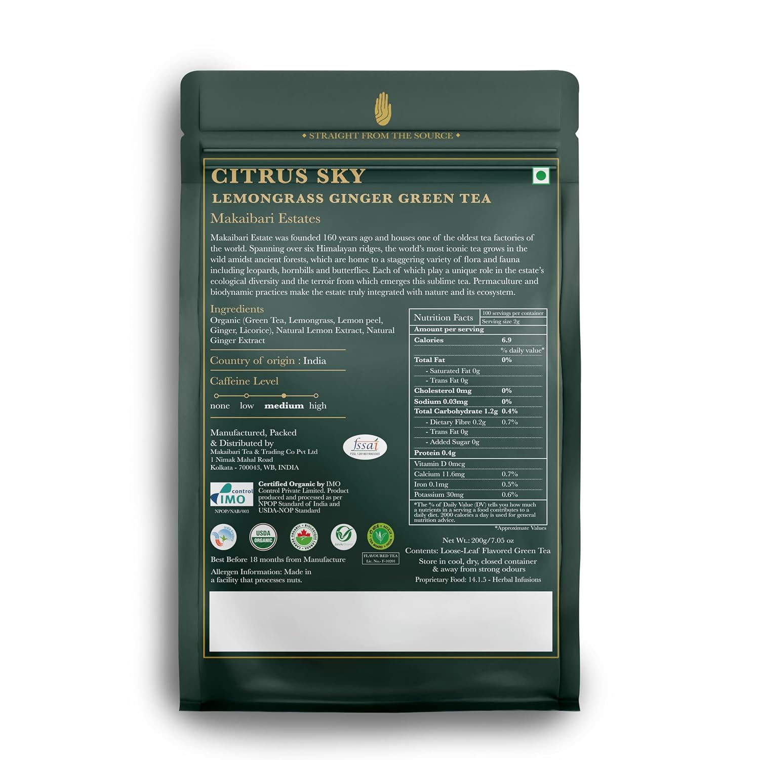 Luxmi Estates Citrus Sky Lemongrass Ginger Green Tea - 200gm, 7.05 Ounce | USDA Certified Organic Darjeeling Green Tea - Natural Lemon Balm Tea - Calming, Supports Digestion